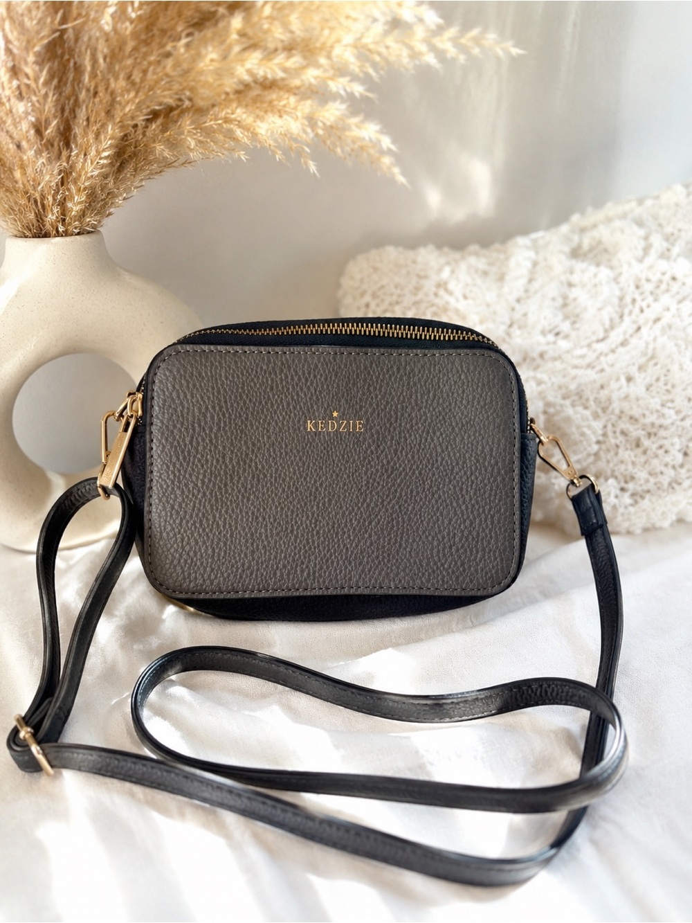 Two -tone black & grey Kedzie Modernist Vegan Leather Crossbody Bag